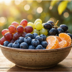 Fruit bowl with blueberries, grapes, mandarin pieces.